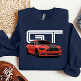 a blue sweatshirt with a red mustang on it
