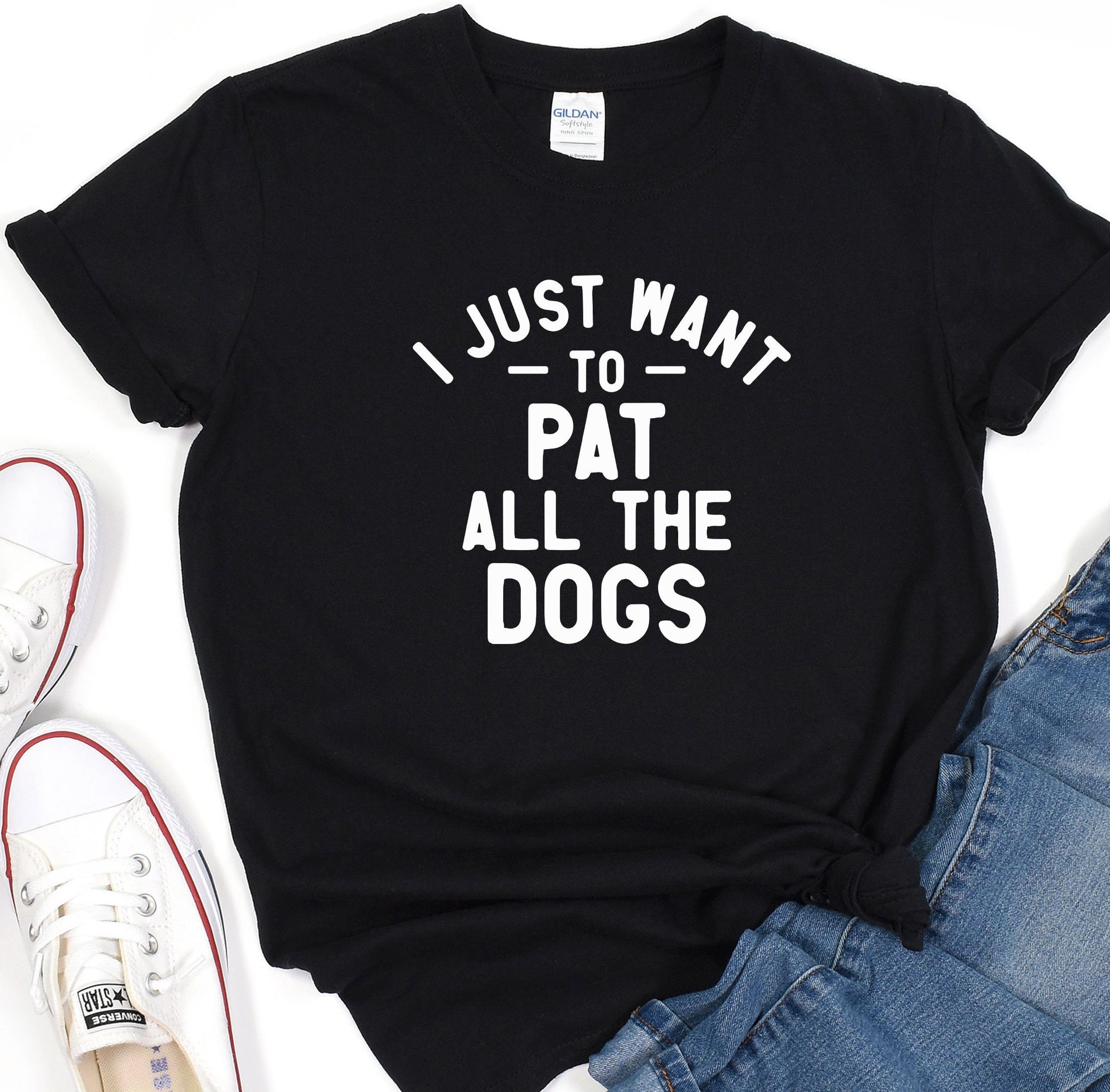 a black shirt that says i just want to pat all the dogs