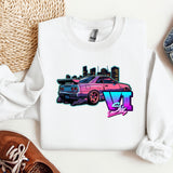 a white shirt with a pink car on it