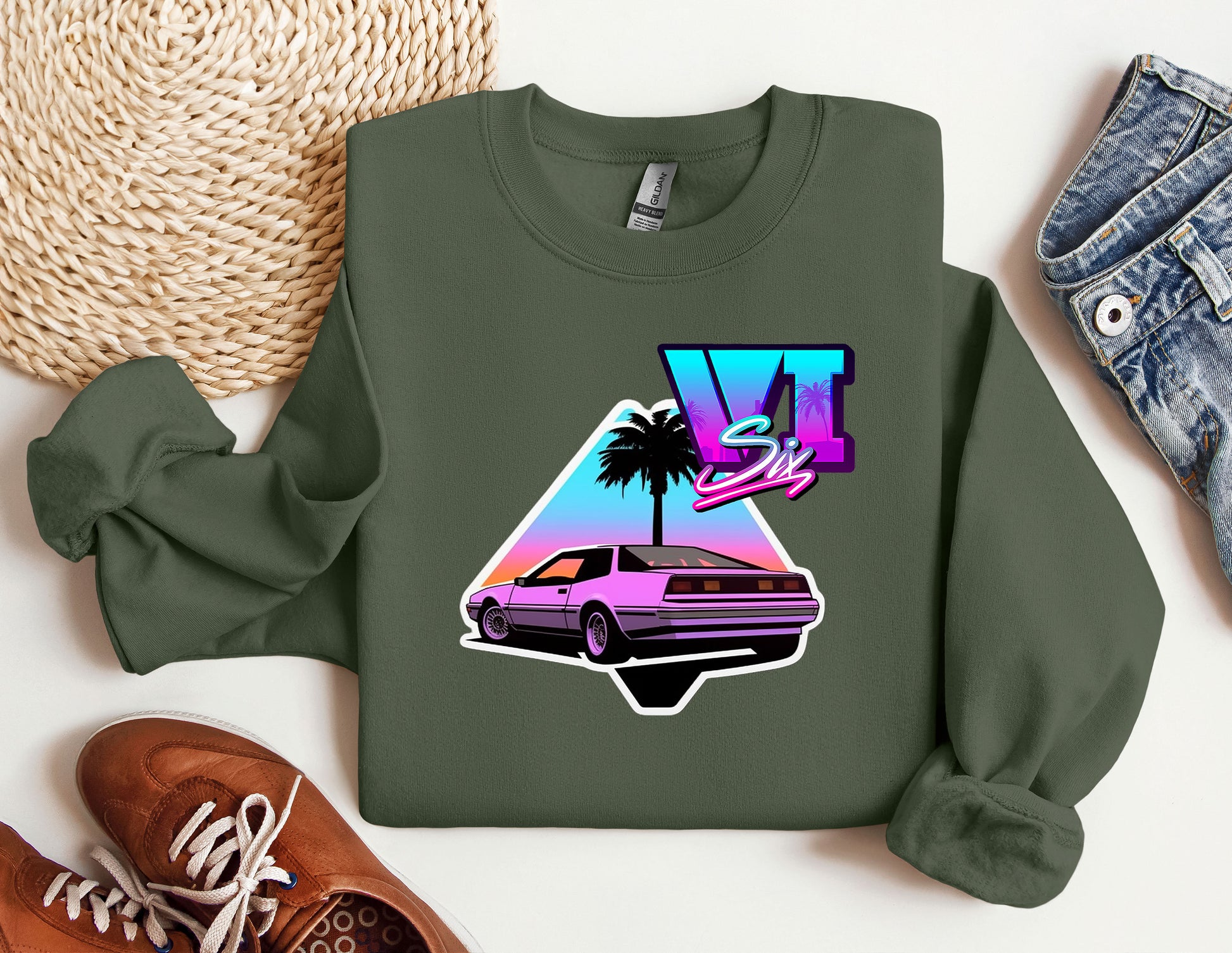 a t - shirt with a car and palm tree on it