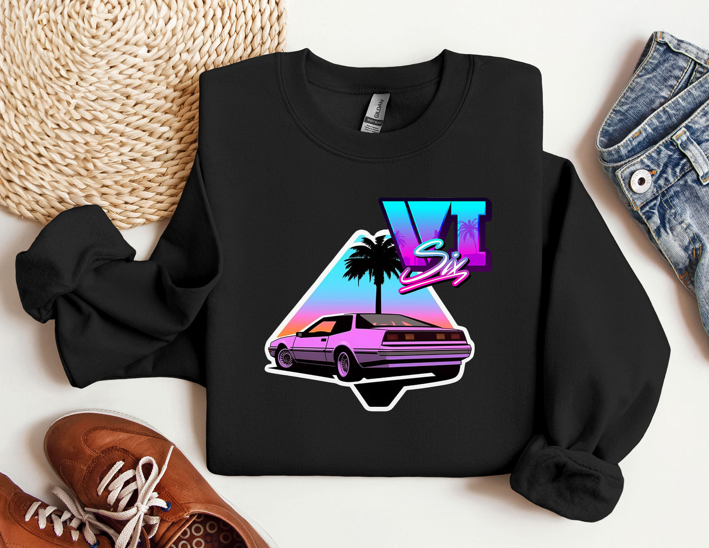 a t - shirt with a car and palm tree on it