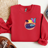 a red sweatshirt with a picture of a vw bus and palm trees