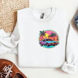 a white sweatshirt with a pink car on it
