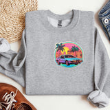 a grey sweatshirt with a picture of a car on it