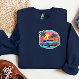 a blue sweatshirt with a picture of a car on it