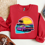 a red sweatshirt with a picture of a car on it