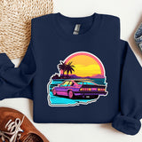 a blue sweatshirt with a purple car on it