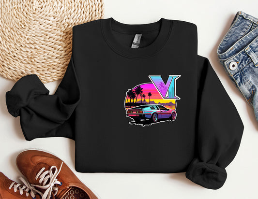 a black sweatshirt with a vw car and palm trees on it