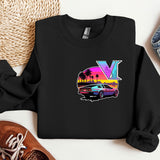 a black sweatshirt with a vw car and palm trees on it