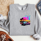 a grey sweatshirt with a picture of a car and palm trees