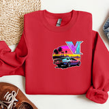 a red shirt with a v on it next to a pair of shoes
