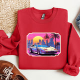 a red sweatshirt with a picture of a car on it