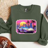 a green sweatshirt with a picture of a car on it