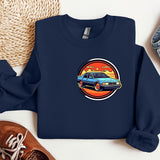 a blue sweatshirt with a picture of a car on it