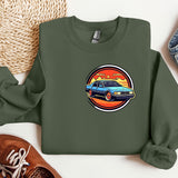 a green sweatshirt with a picture of a car on it