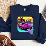 a blue shirt with a pink car on it