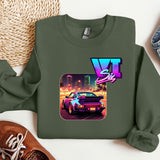 a green sweatshirt with a picture of a car on it