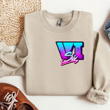 a sweater with the letter v on it next to a pair of shoes