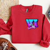 a red sweatshirt with the letter v on it