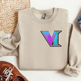 a sweater with the letter v on it next to a pair of shoes