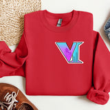 a red sweatshirt with the letter v on it