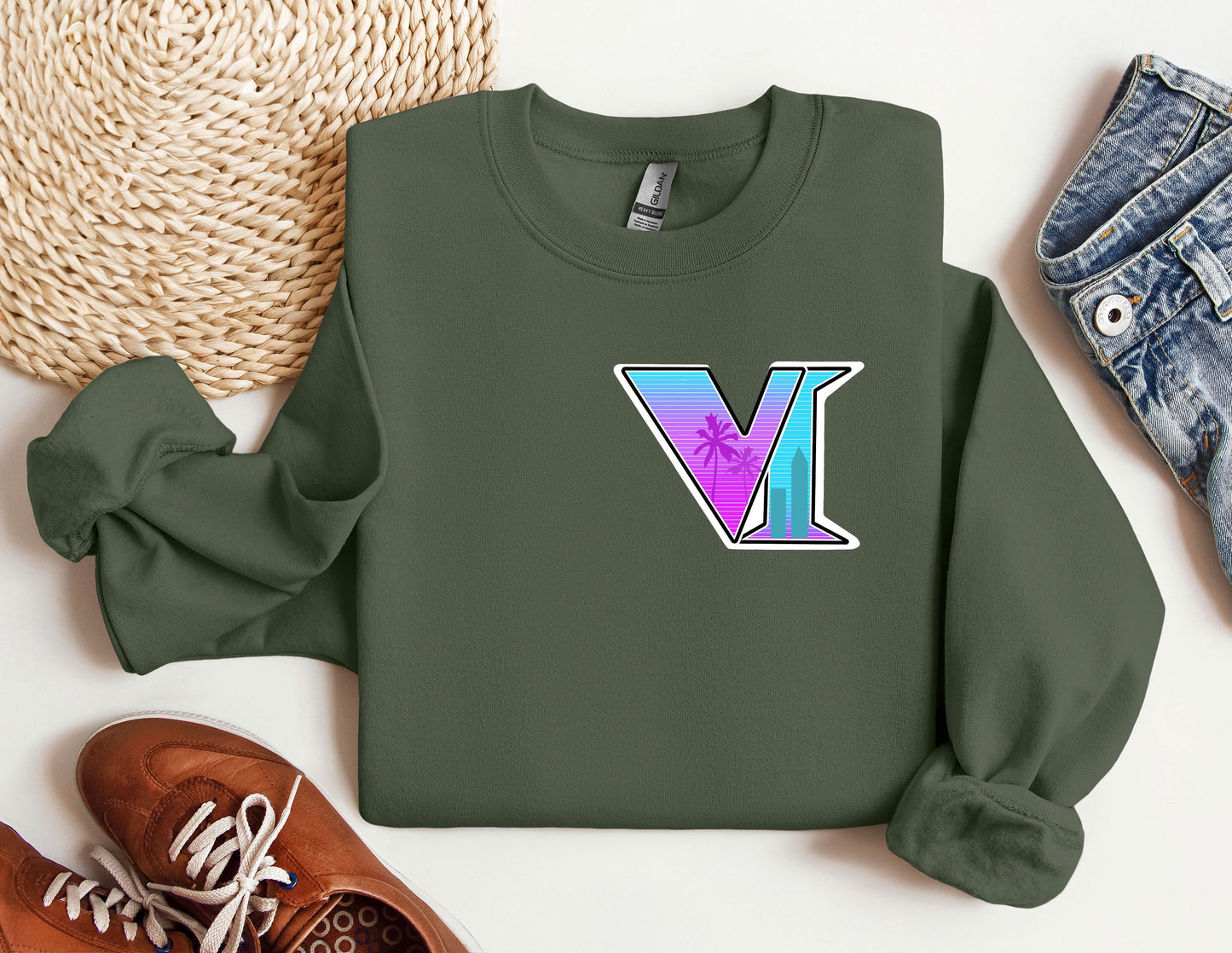 a green sweatshirt with the letter v on it