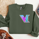 a green sweatshirt with the letter v on it