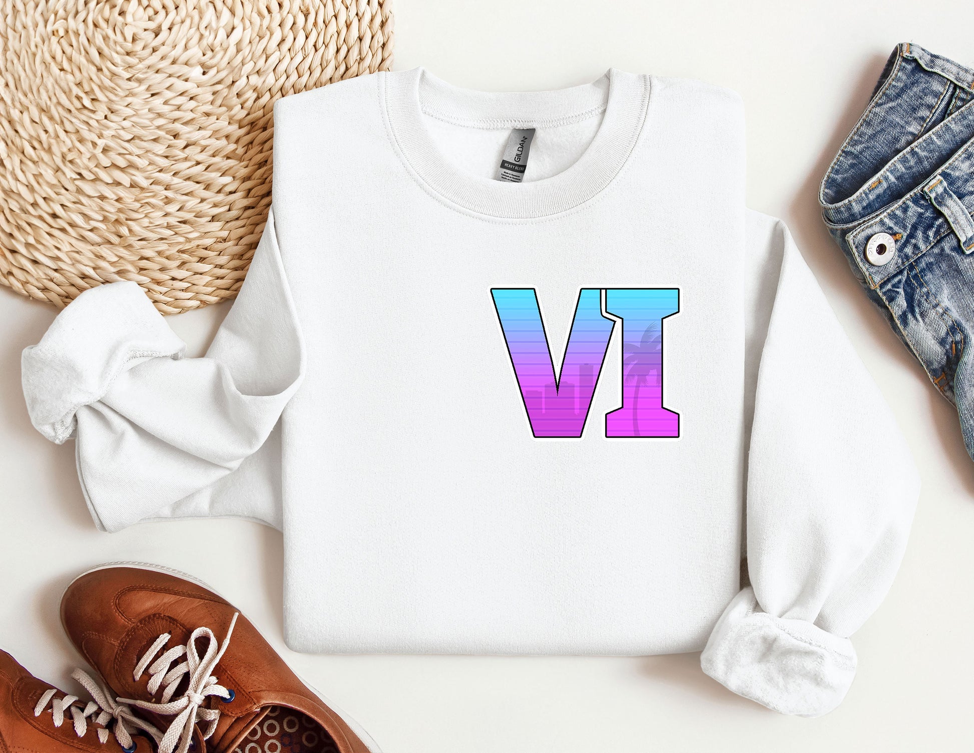 a white sweater with the letter v on it