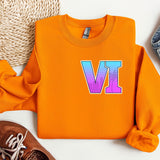 an orange sweatshirt with the letter v on it