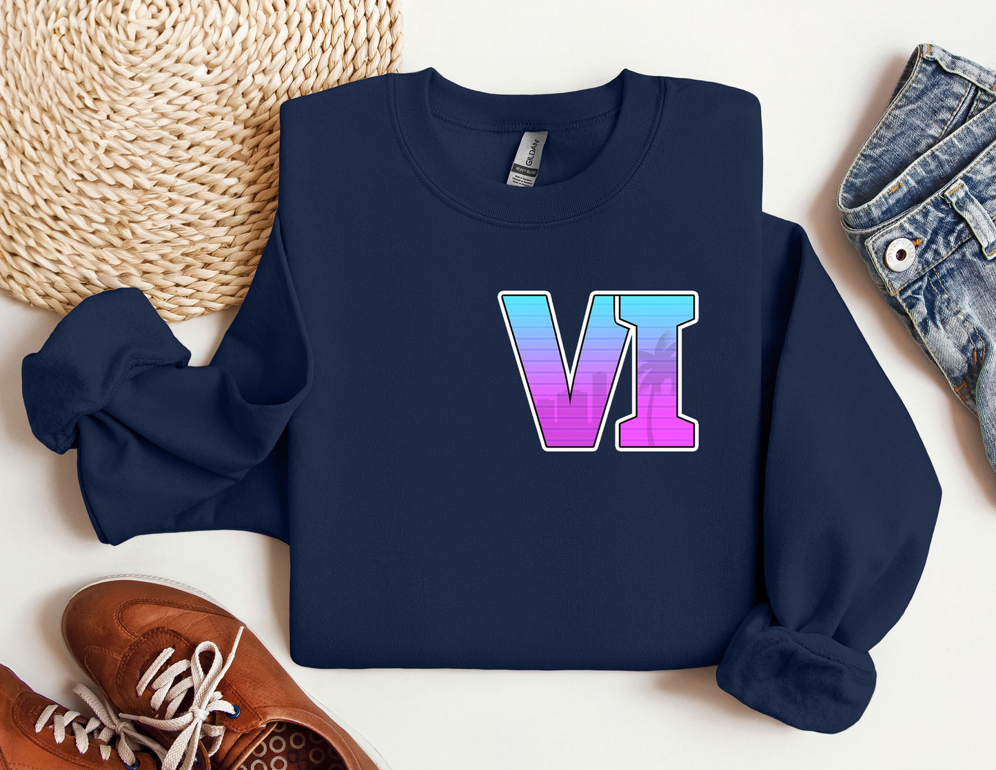 a blue sweatshirt with the letter v on it