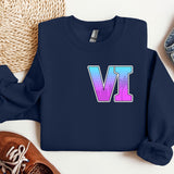 a blue sweatshirt with the letter v on it