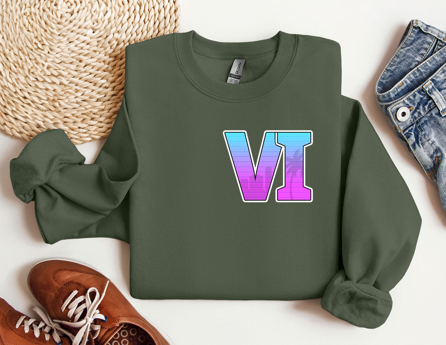 a green sweatshirt with the letter v on it