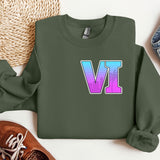 a green sweatshirt with the letter v on it