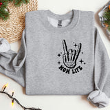 a grey sweatshirt with a hand print on it