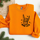 an orange sweatshirt with a hand print on it