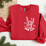 a red sweatshirt with a peace sign on it