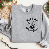 a grey sweatshirt with a christmas tree and santa's sleigh on it