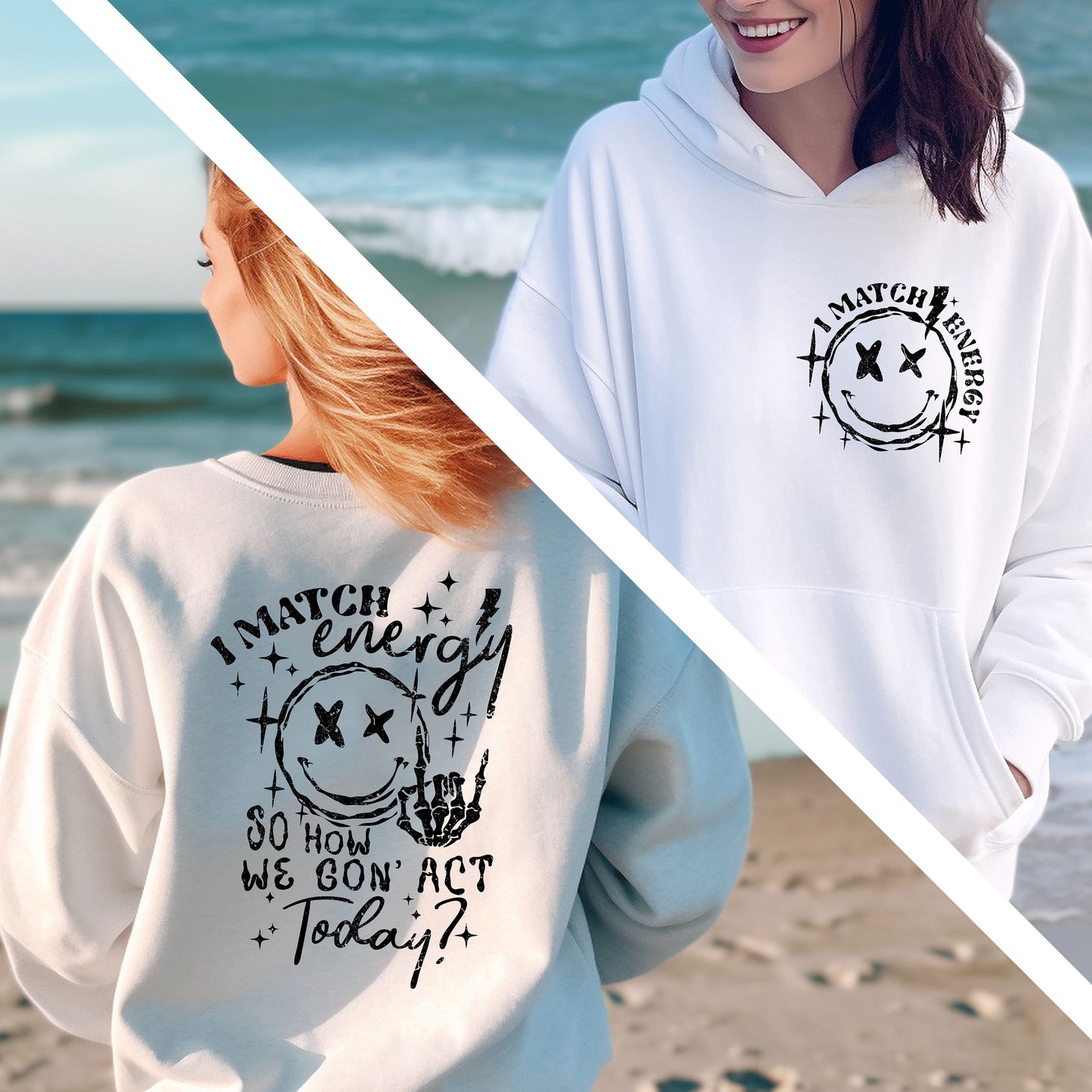 two women wearing matching sweatshirts on the beach