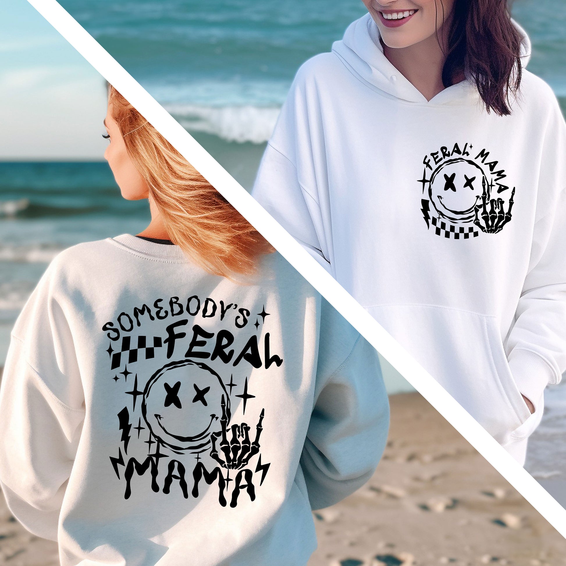 two women standing on a beach wearing matching sweatshirts