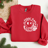a red sweatshirt with a white design on it