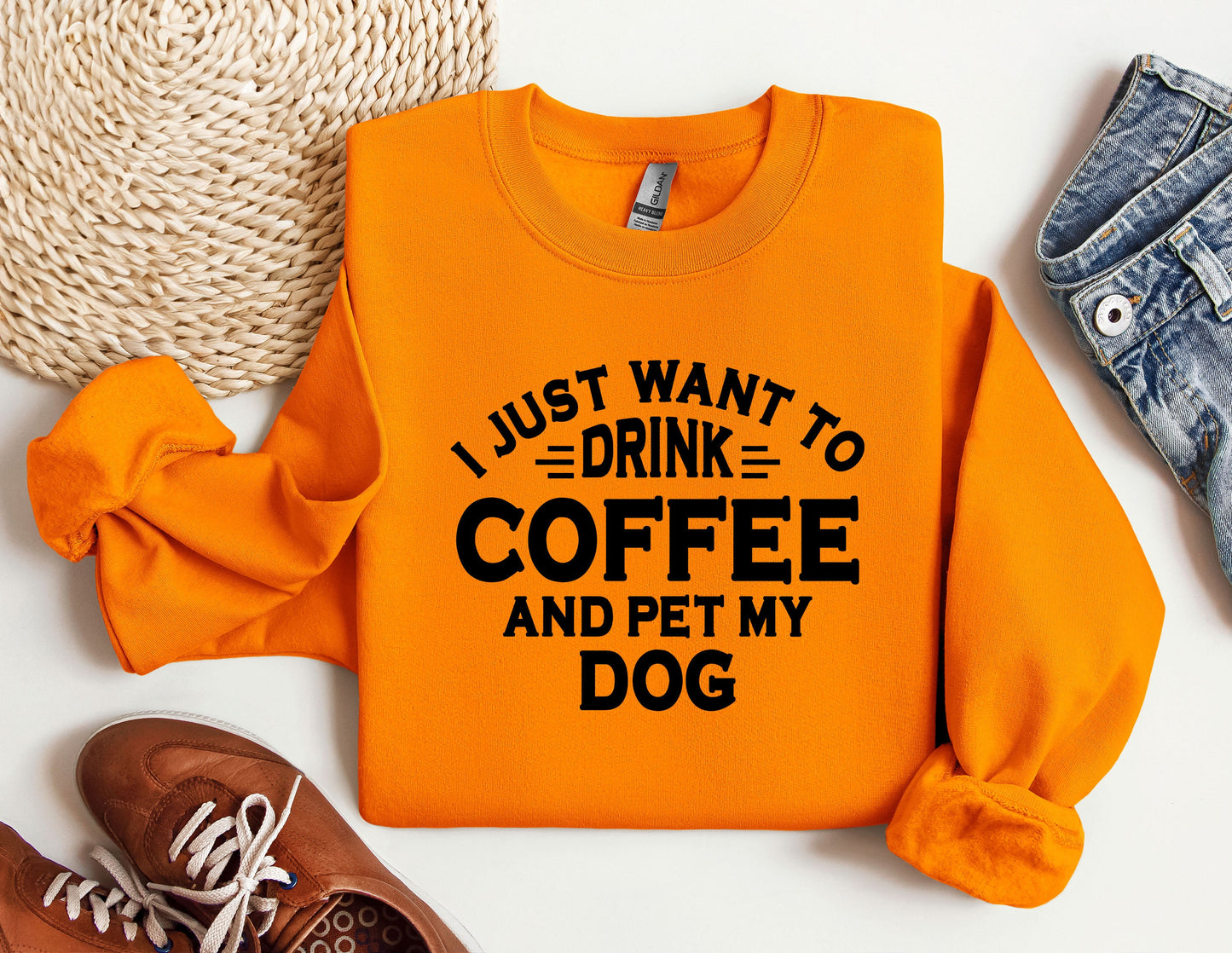 a sweater that says i just want to drink coffee and pet my dog