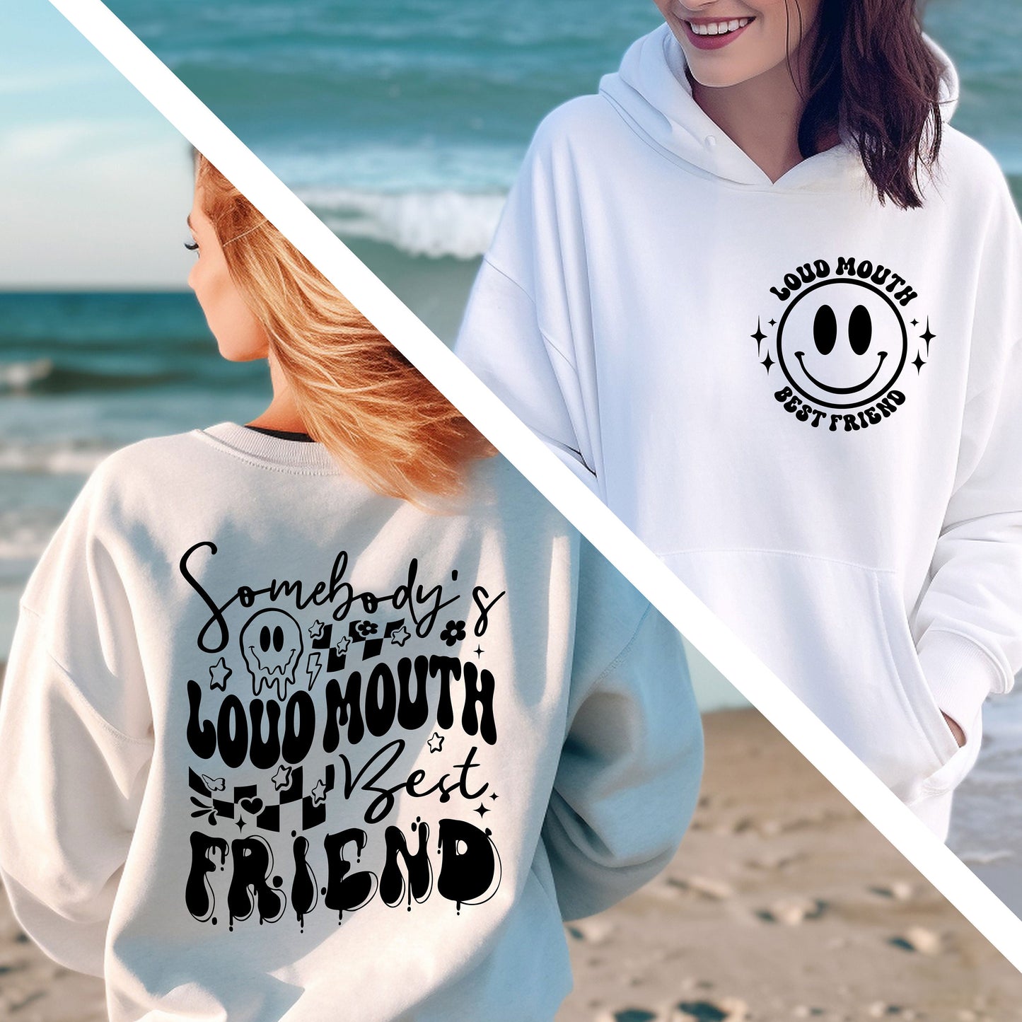 two women standing on a beach wearing sweatshirts