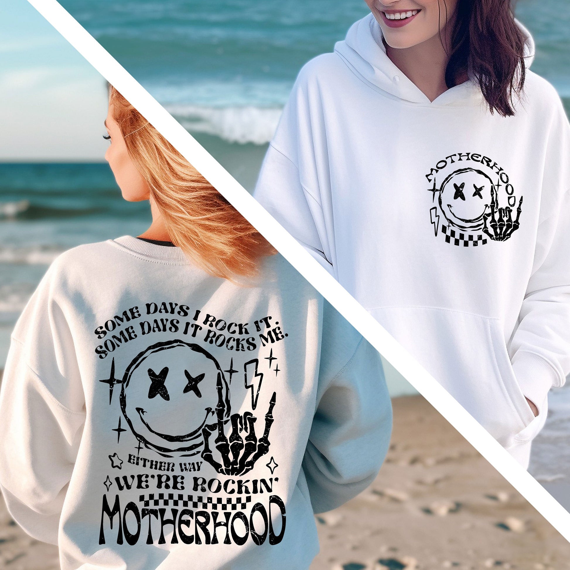 two women wearing matching hoodies on the beach