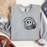 a grey sweatshirt with a black and white logo on it