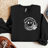 a black sweatshirt with a white design on it