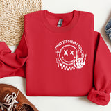 a red sweatshirt with a white logo on it