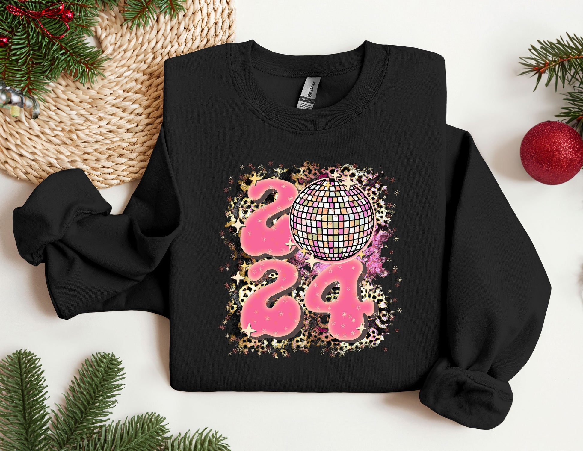 a black sweatshirt with a disco ball on it