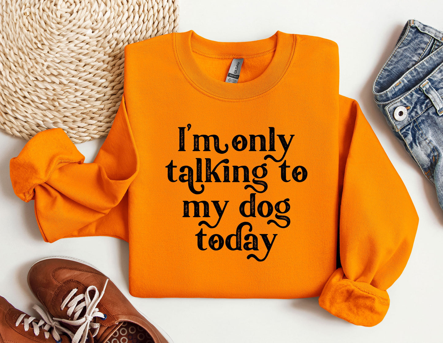 an orange shirt that says i&#39;m only talking to my dog today