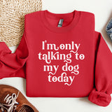 a red sweatshirt with a dog saying on it