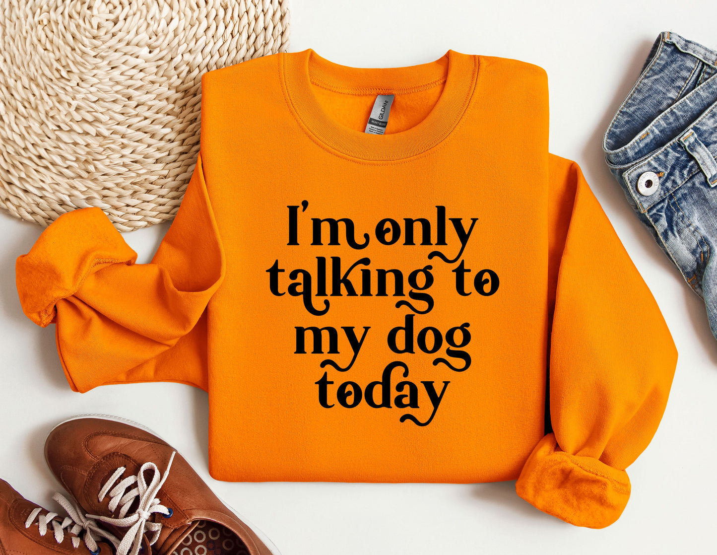 an orange shirt that says i&#39;m only talking to my dog today